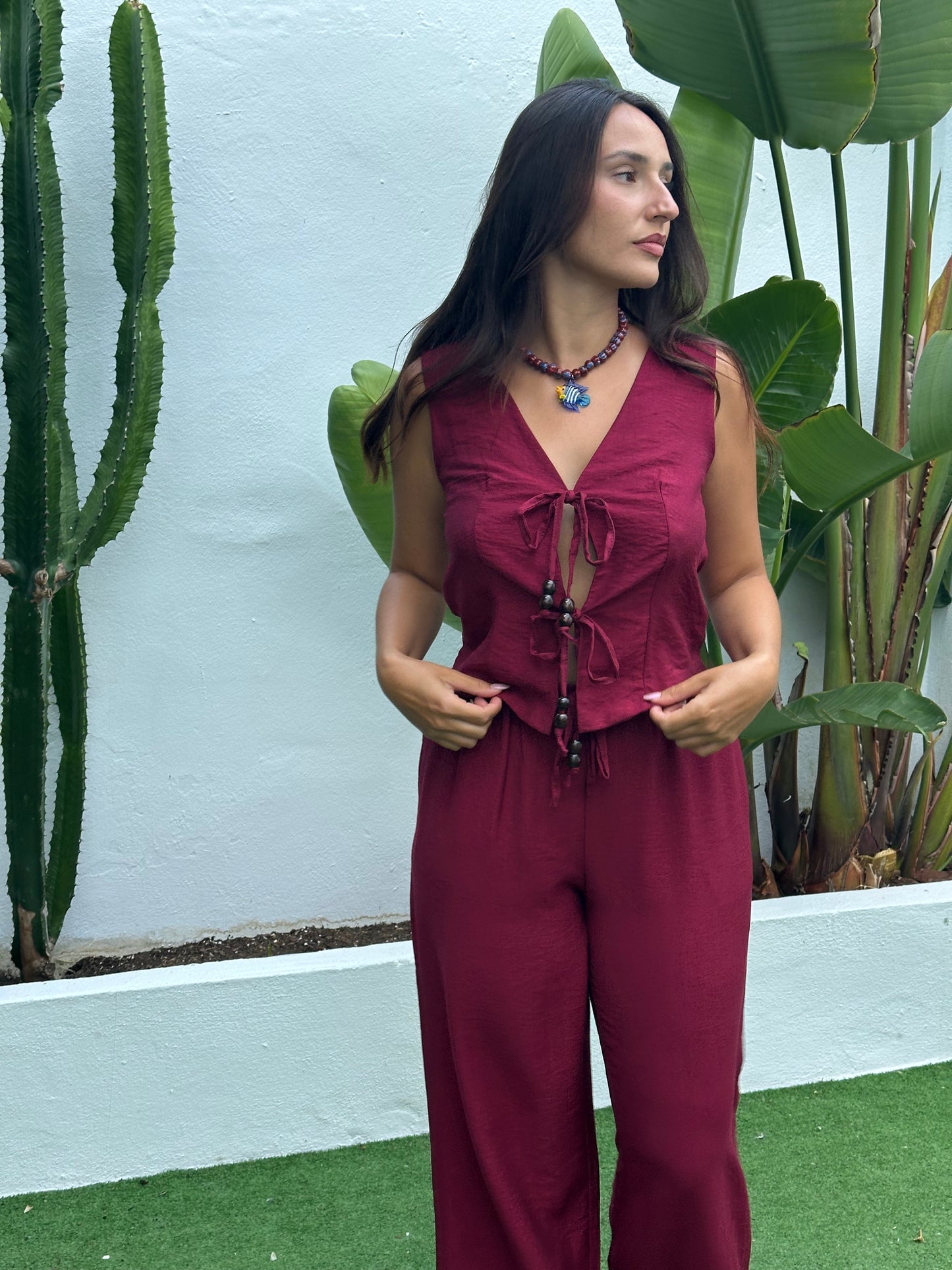 CONJUNTO CHALECO ABALORIOS MADERA
