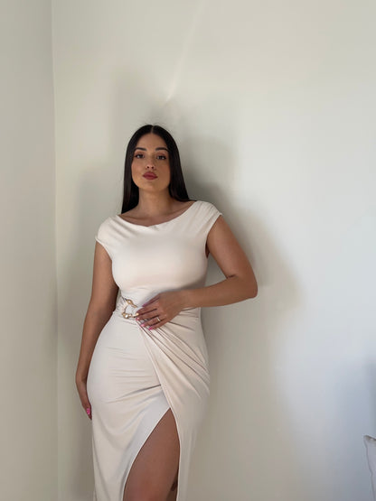 VESTIDO MIDI DRAPEADO APLIQUE
