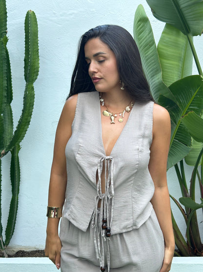 CONJUNTO CHALECO ABALORIOS MADERA