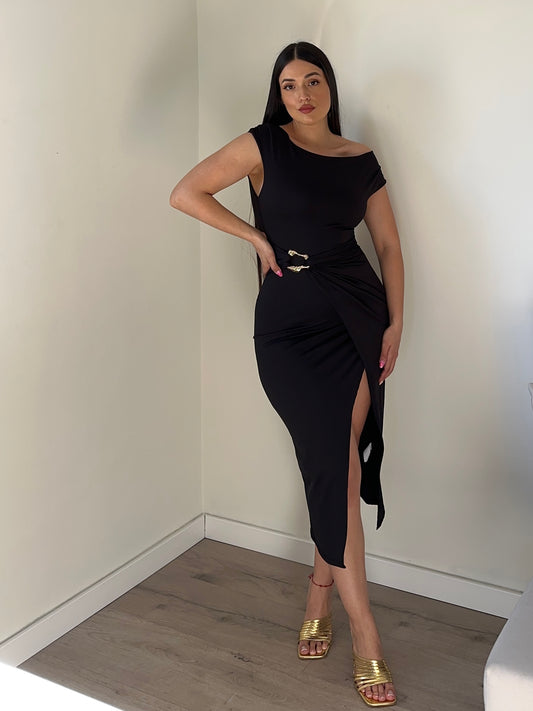 VESTIDO MIDI DRAPEADO APLIQUE