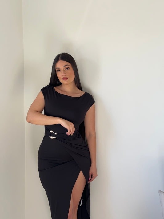 VESTIDO MIDI DRAPEADO APLIQUE