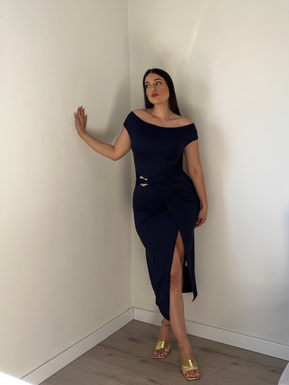VESTIDO MIDI DRAPEADO APLIQUE
